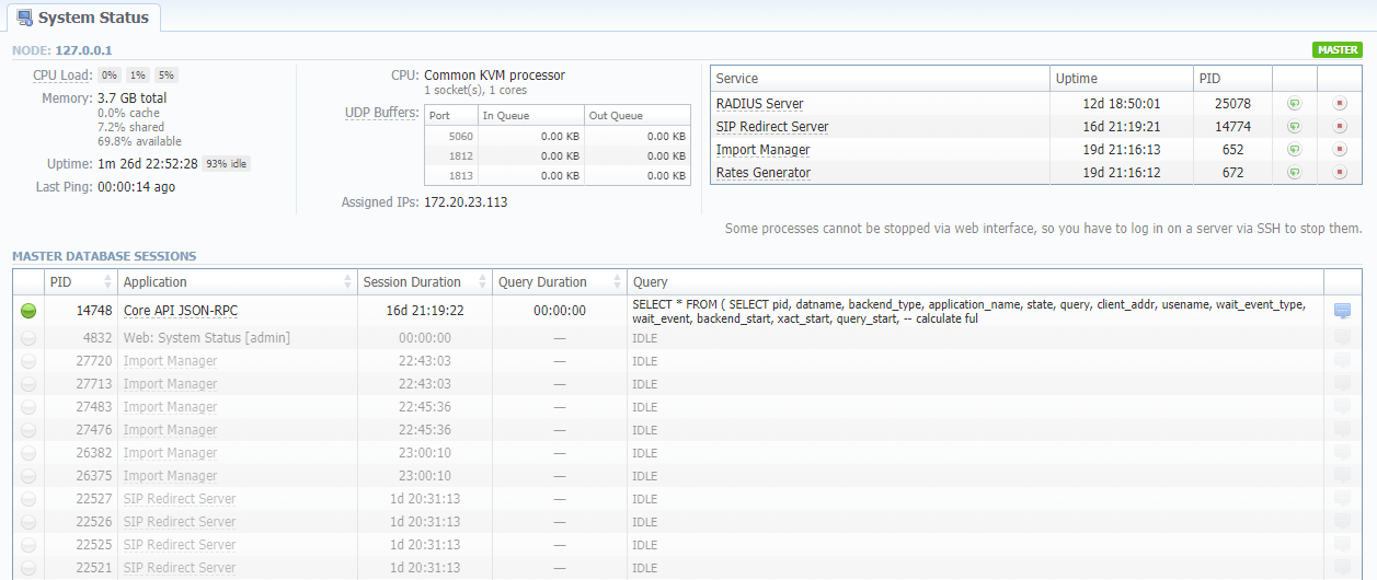 JeraSoft VCS system status screenshot