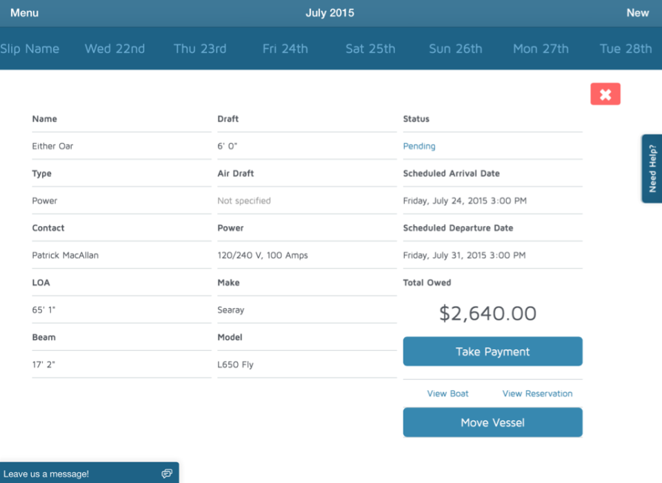 Molo Software - View reservations by day with information on reservations type, contact details, dates, prices, and more