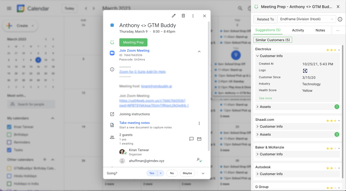 GTM Buddy screenshot: By providing meeting prep recommendations, GTM Buddy helps reps prepare for upcoming meetings.