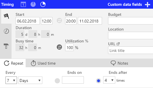 Ganttic Software - Ganttic's Task dialog with multiple timing options - by Start and End time or by Start/End time and Duration or by Start/End time and utilization.