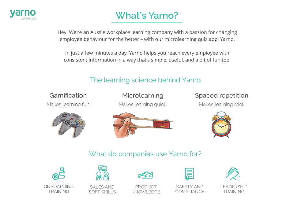 Yarno Software - Yarno is a gamified, microlearning software platform. We use cognitive science to help organisations identify knowledge gaps within their teams.