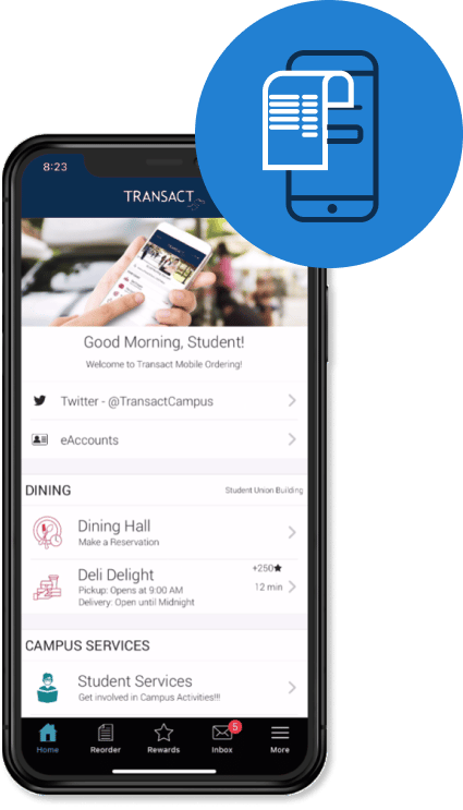 Campus Commerce Solutions screenshot: Support the busy lives of students by offering mobile ordering from any location. Let students personalize orders, select from various payment options, and choose pickup times that fit their unique schedules—all from the convenience of their mobile device