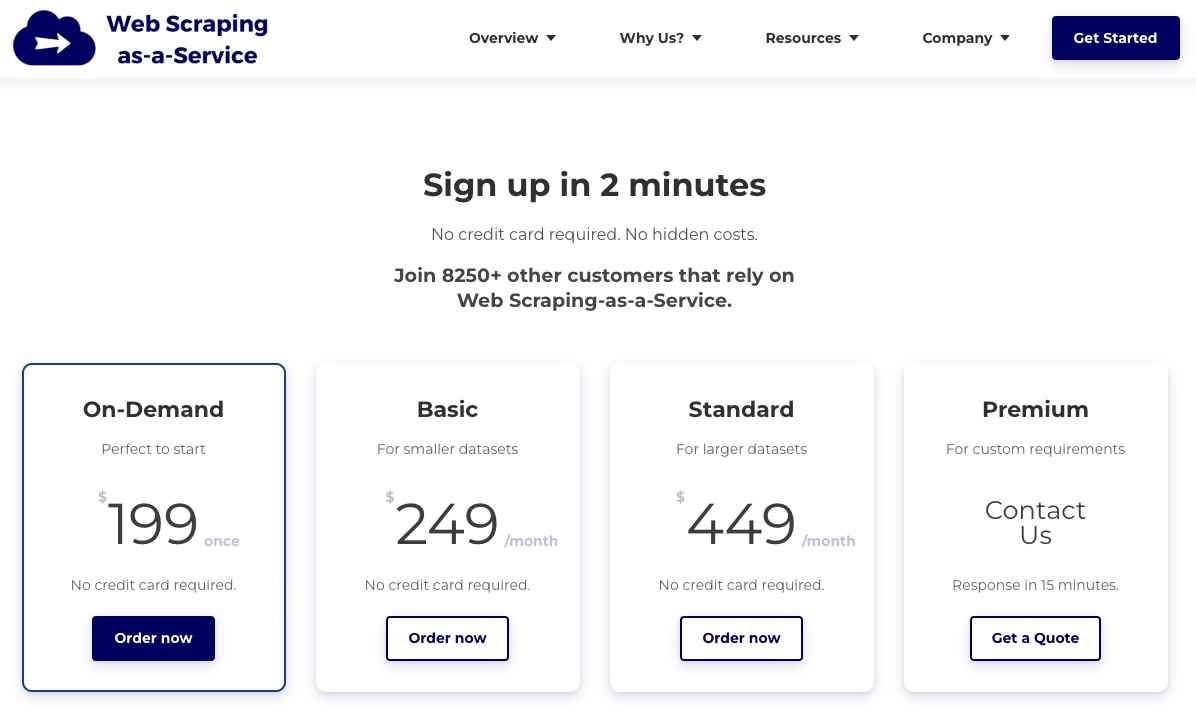 Sign up in 2 minutes. No credit card required. No hidden costs. Join 8250+ other customers that rely on Web Scraping-as-a-Service.