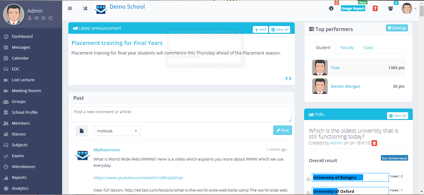 MyKlassroom admin dashboard screenshot