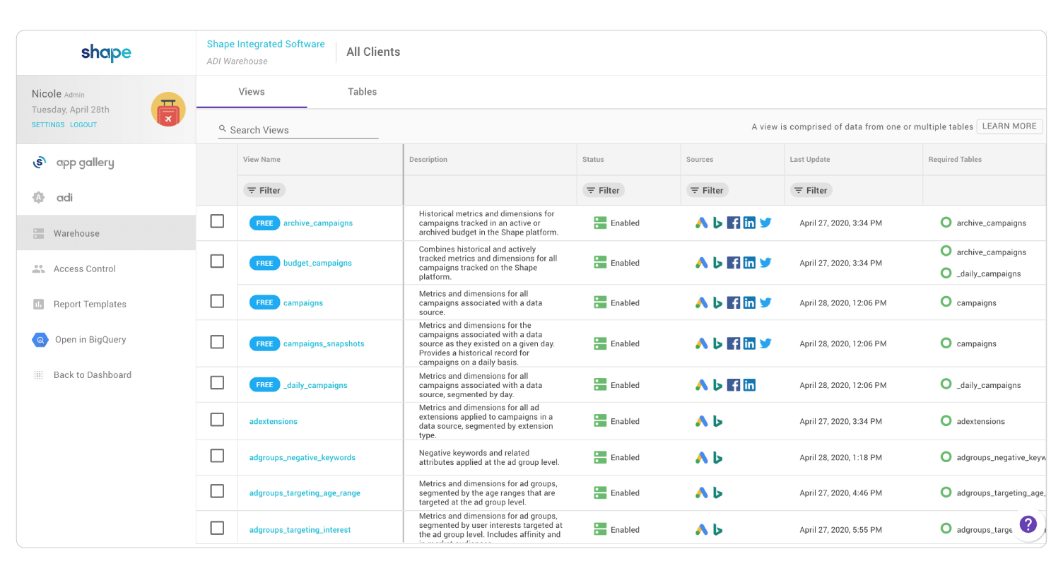 Shape ADI includes 6 campaign-level data views for free, plus 40+ views in total. Generate your own data warehouse today to start analyzing your campaign-level performance.