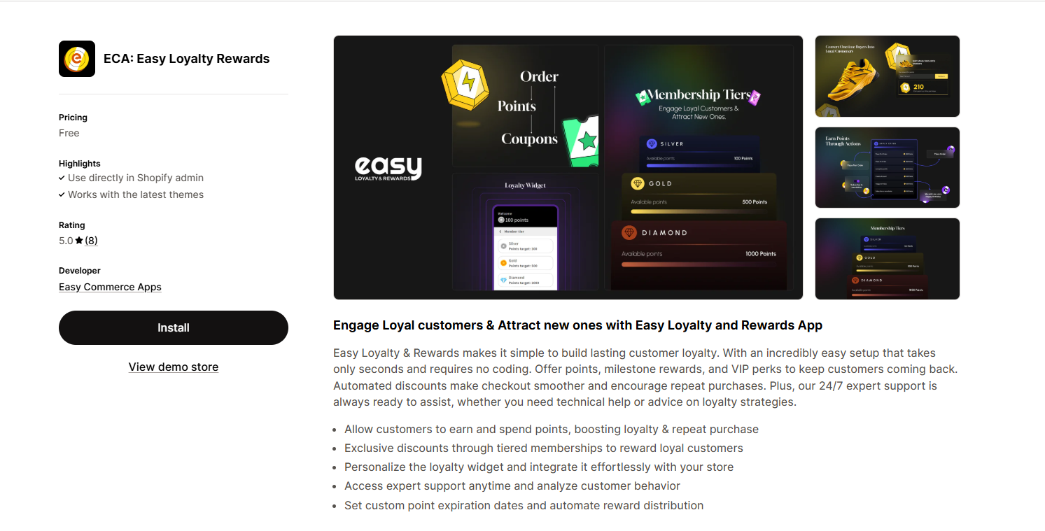 Easy Loyalty & Rewards screenshot: Easy Loyalty & Rewards Shopify app dashboard