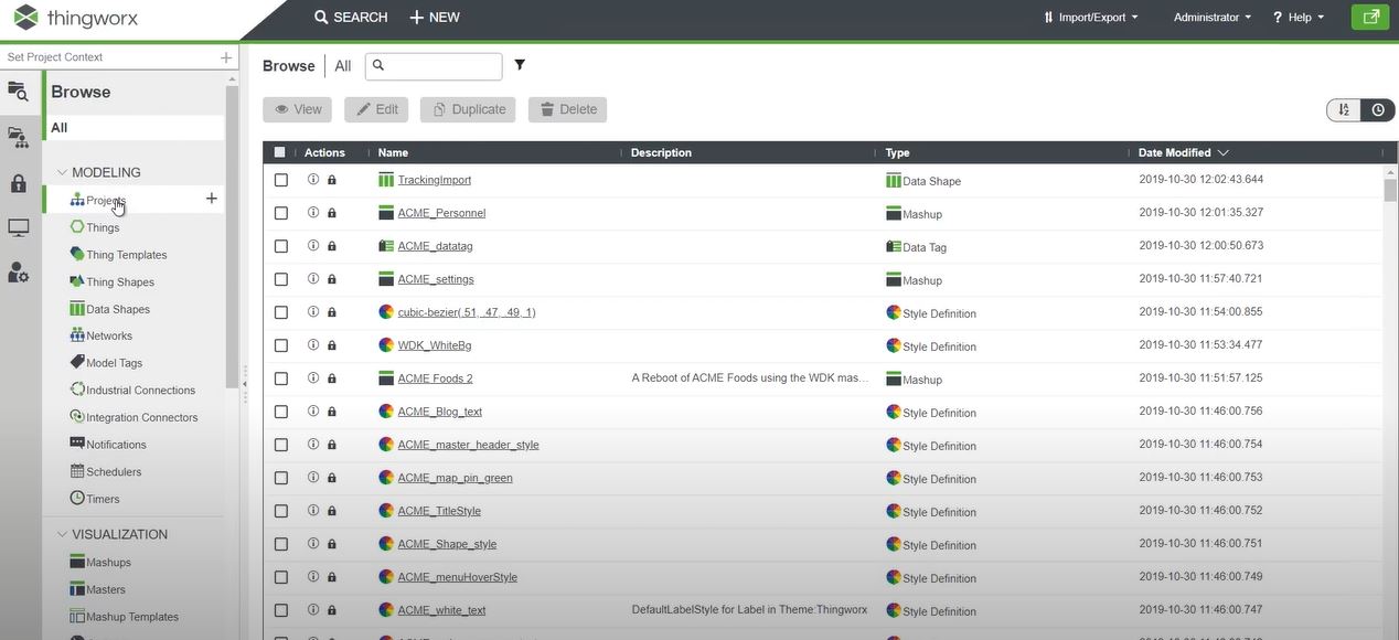 ThingWorx screenshot: ThingWorx modelling projects