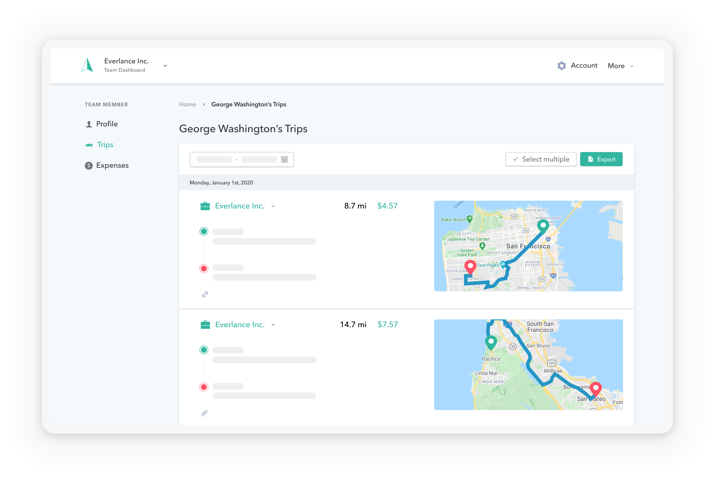 Central admin dashboard shows employee trips and expense reports