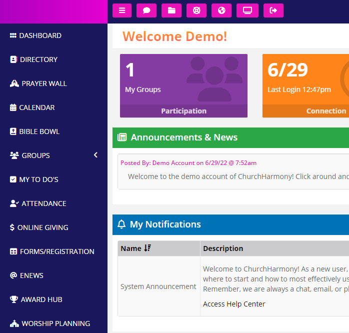 ChurchHarmony screenshot: ChurchHarmony dashboard