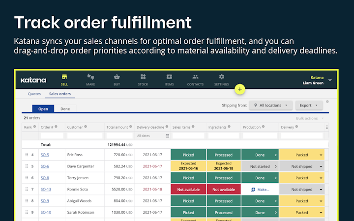 Katana Cloud Manufacturing screenshot: Track order fulfillment and material availability - Katana