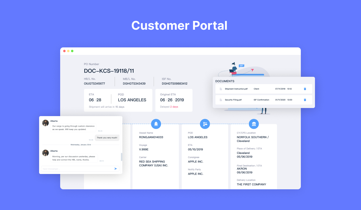 GoFreight screenshot: The customer portal is where your clients will have access to their shipment tracking data. Meet their demand for real-time visibility and let you and your customers enjoy seamless communication and cooperation on a single platform.