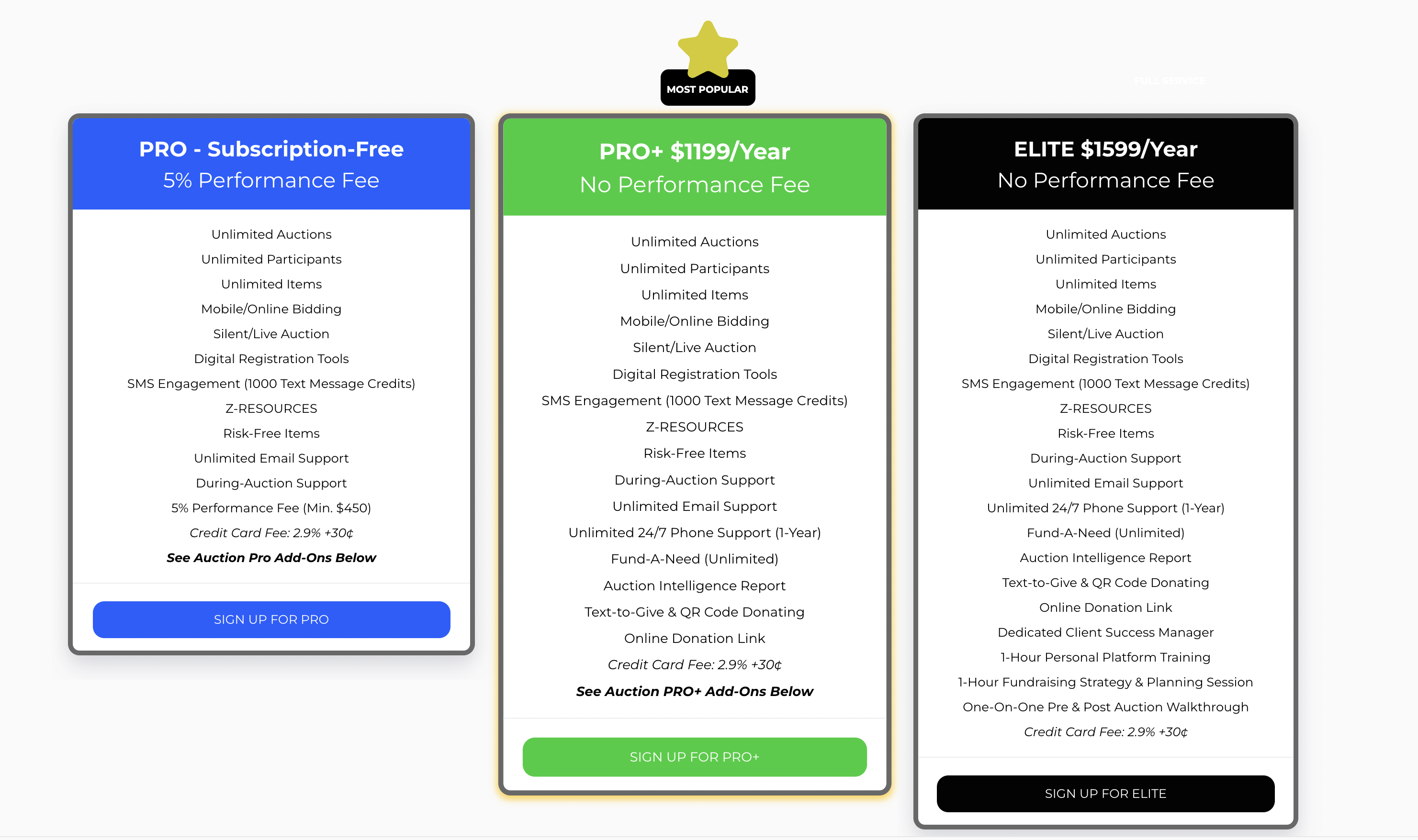 Select from 3 plans: PRO (auction only & subscription-free) PRO+ (auction & giving) and ELITE (auction,giving & dedicated client manager).