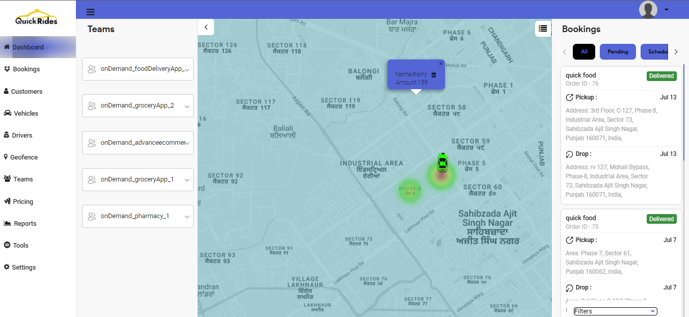 Quickrides screenshot: See all assigned orders and driver in teams from the dashboard