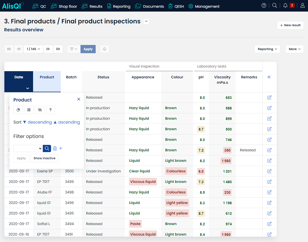 AlisQI Software - AlisQI filter functionality