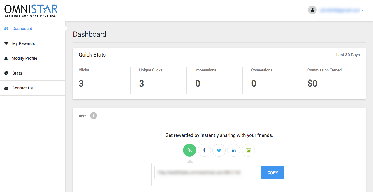 Omnistar Affiliate Software - Affiliate user dashboard