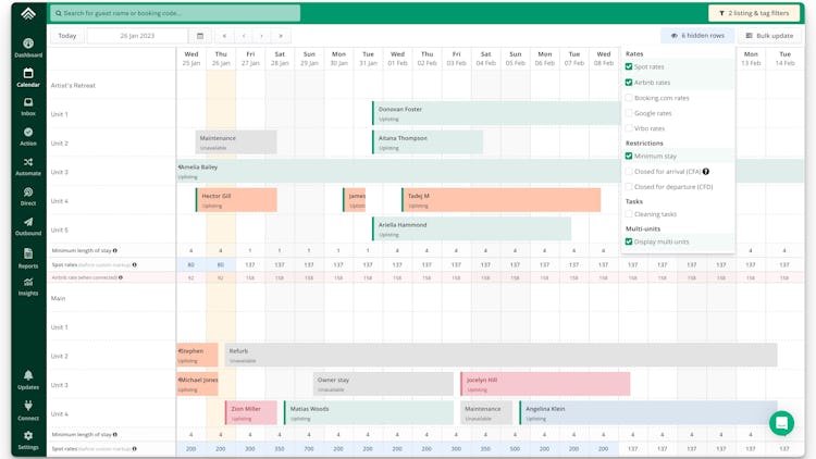 Uplisting screenshot: Calendar: Manage bookings, prices, availability and restrictions such as minimum stay and closed for arrival for all booking sites in one central calendar.