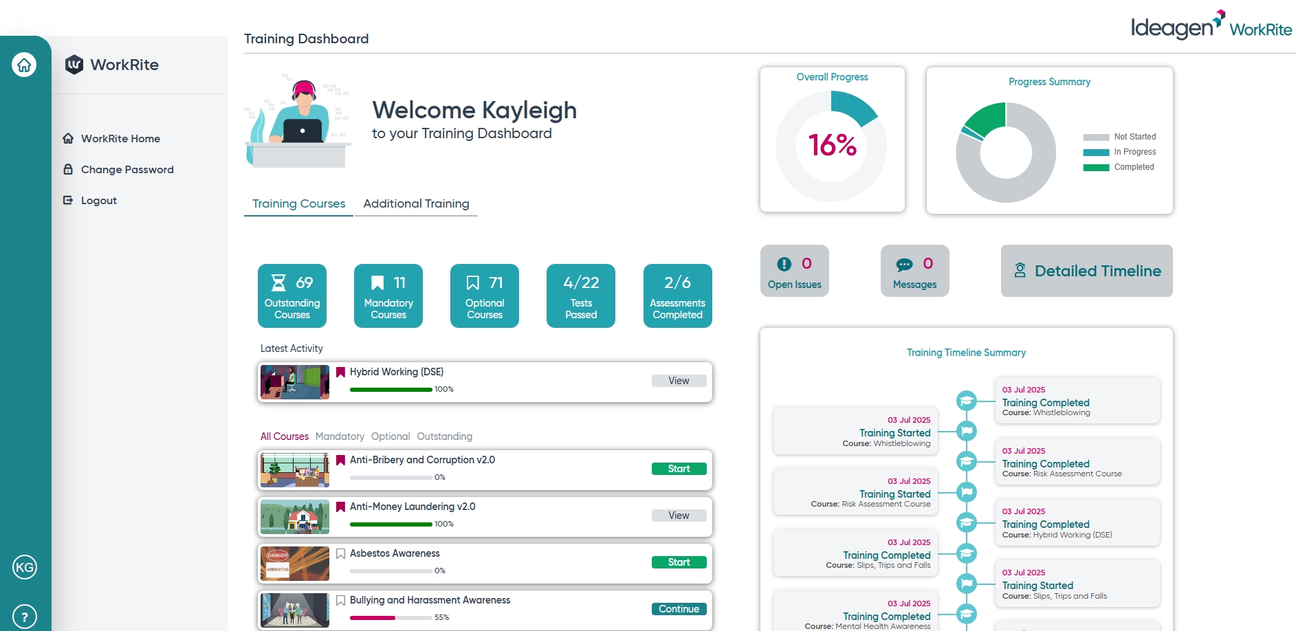 Ideagen Workplace Training screenshot: Ideagen Workplace Training for learners: track your course progress, completions, and assessments. View outstanding, mandatory, and optional courses, and access recent activities in one intuitive interface.