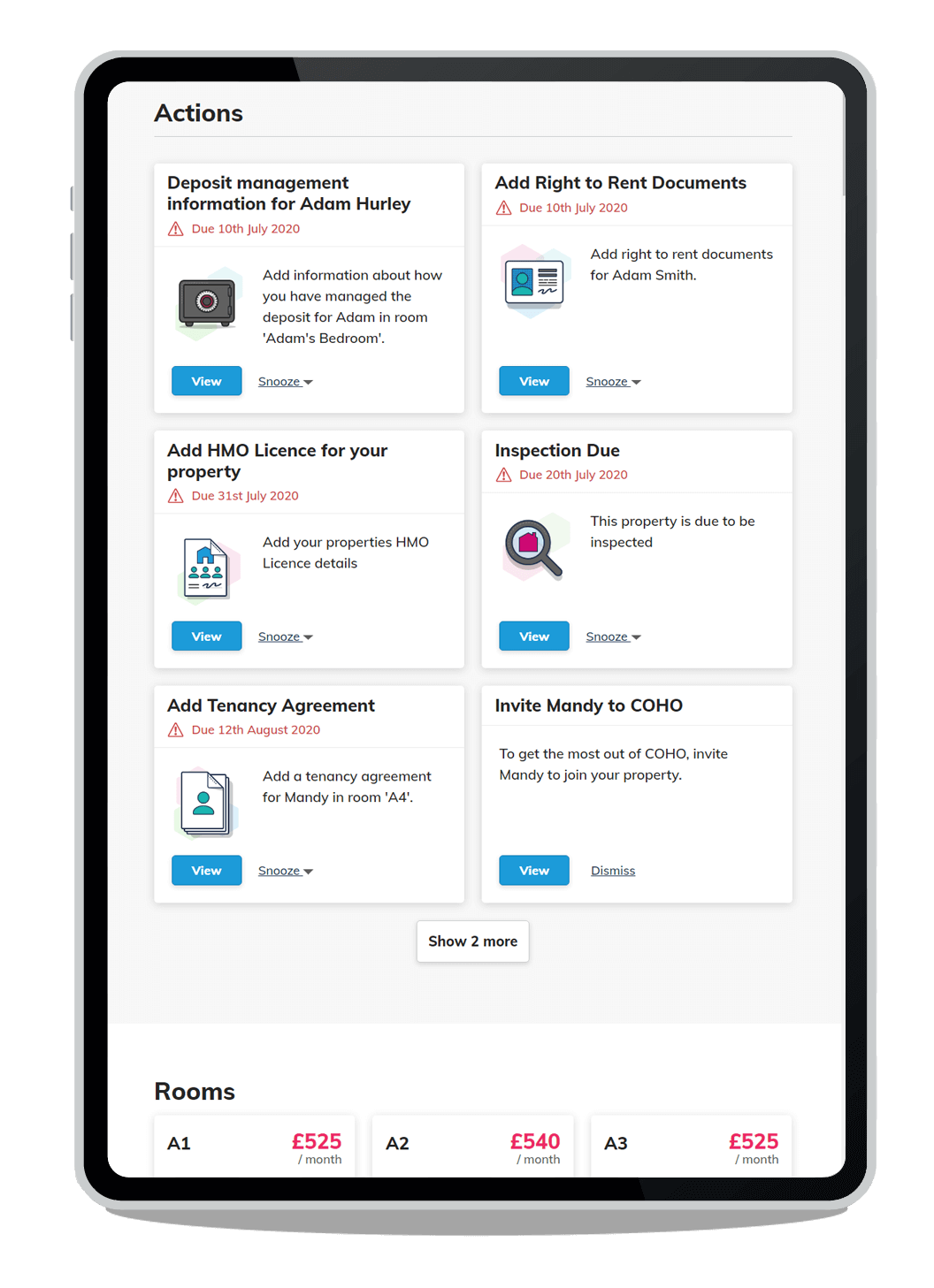COHO screenshot: COHO Property MAnagement Software Platform prompts the Property Manager to take the most important actions across the properties. It prompts you to manage complaince, maintainance, inspections, agreements, and much more. Feel safe even if you forget.