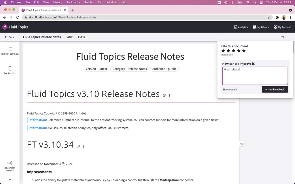 Fluid Topics engages your users with a host of features that allow them to interact with content, provide feedback, and collaboratively build a successful content experience for all.