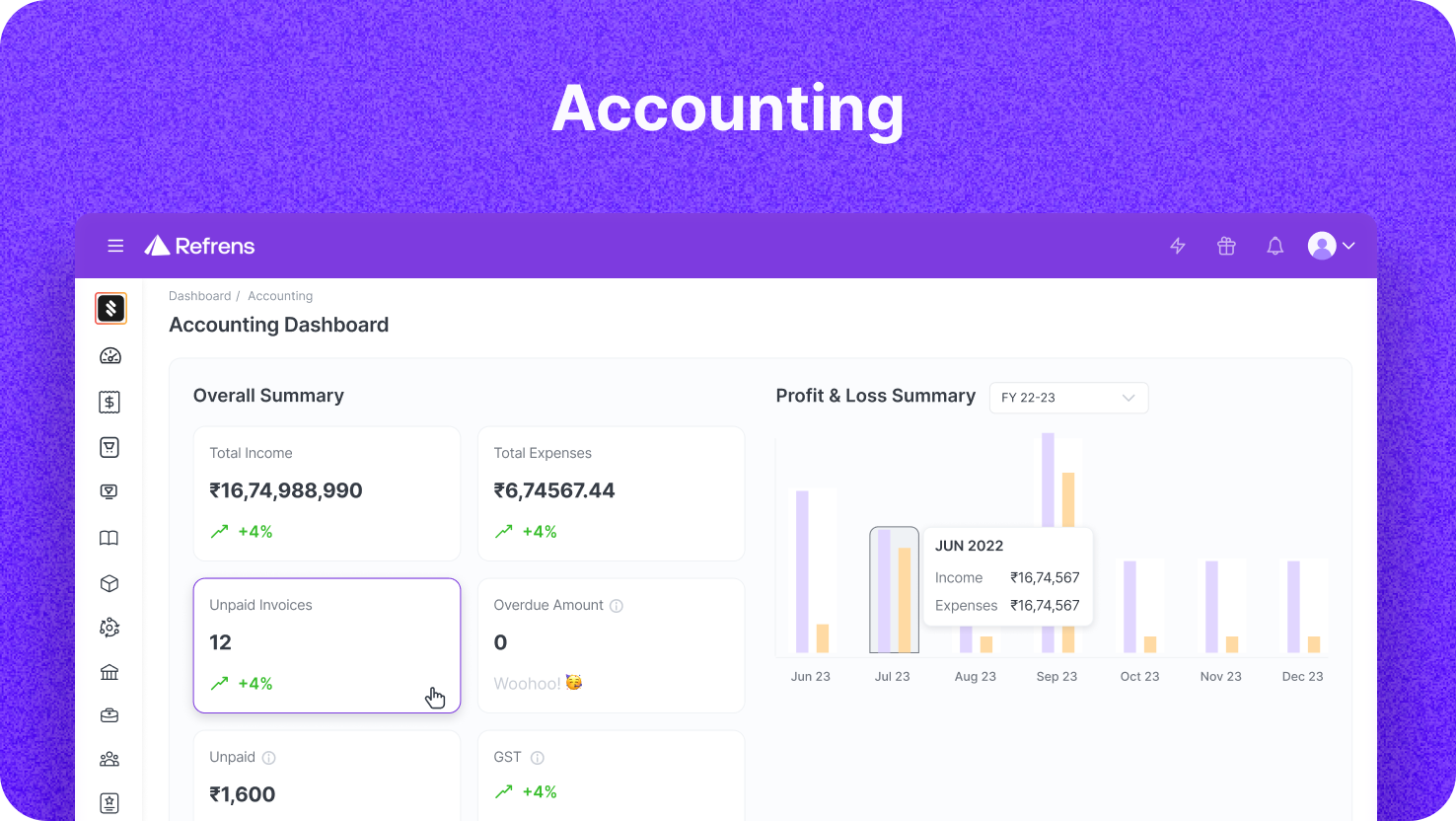 Refrens Software - Get deep business insights in real time with AI-powered accounting. Automatically update ledgers, create vouchers, and pass journal entries every time you create a receivable/payable document.