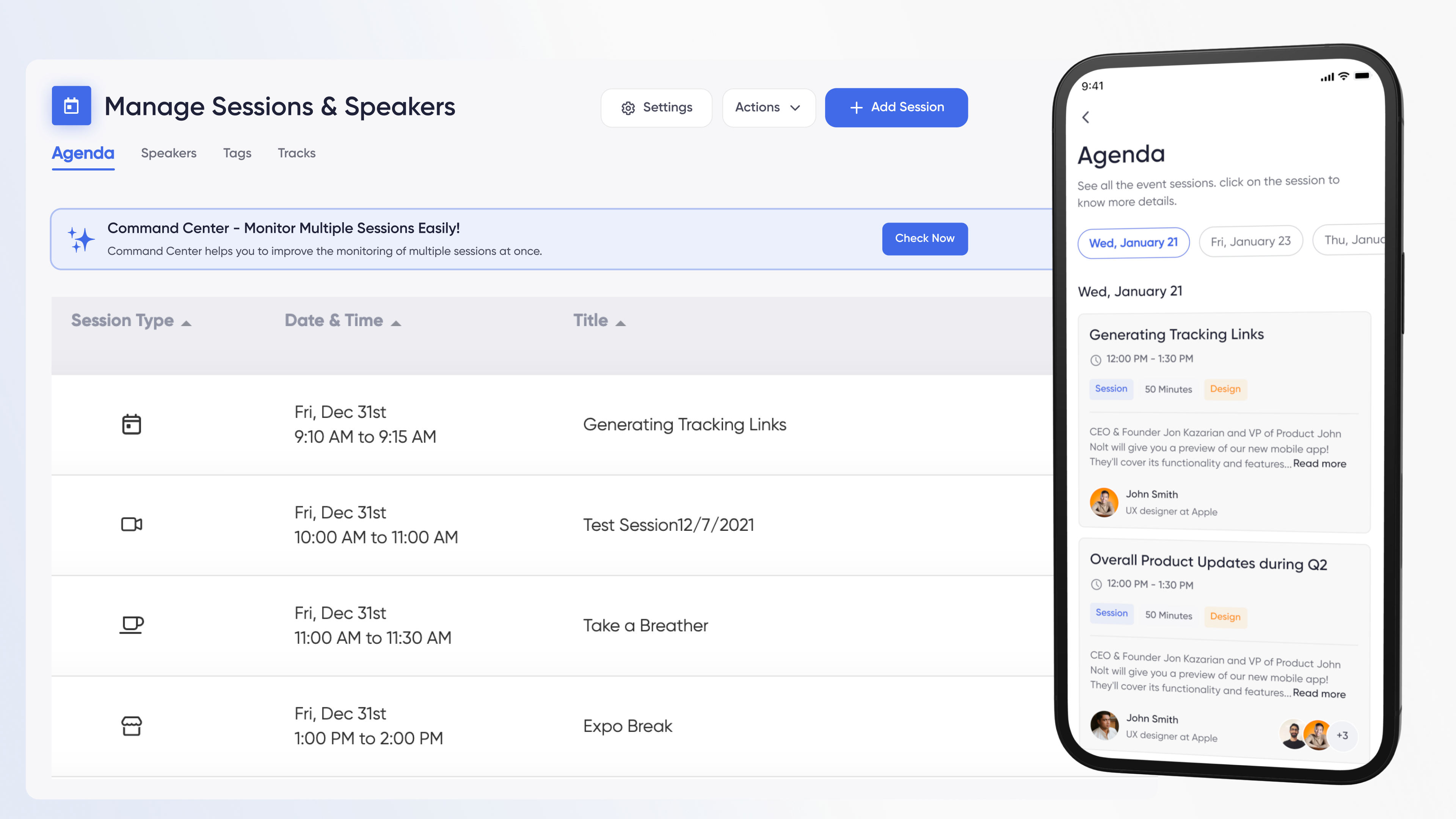 Effortlessly build multi-track agendas with capacity limits. Invite, assign speakers, and import sessions for streamlined planning.