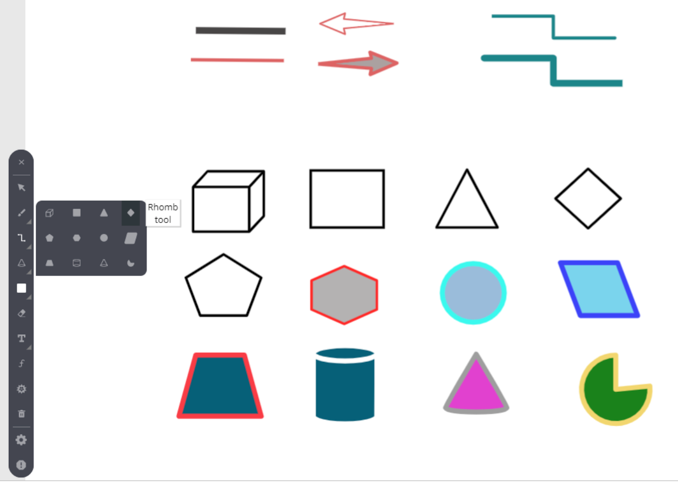 BrainCert Software - Powerful line tools and advanced shapes such as triangle, rhombus, pentagon, hexagon, cylinder, cube, cone and other shapes in the whiteboard makes it easy to deliver any type of creative and educational training online.