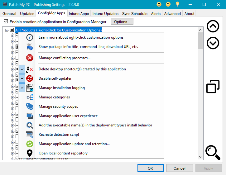 Enable products for application creation and management using the ConfigMgr Apps tab in the Publisher. This feature will automatically package third-party applications and keep them up to date. You can deploy these applications using task sequences or col