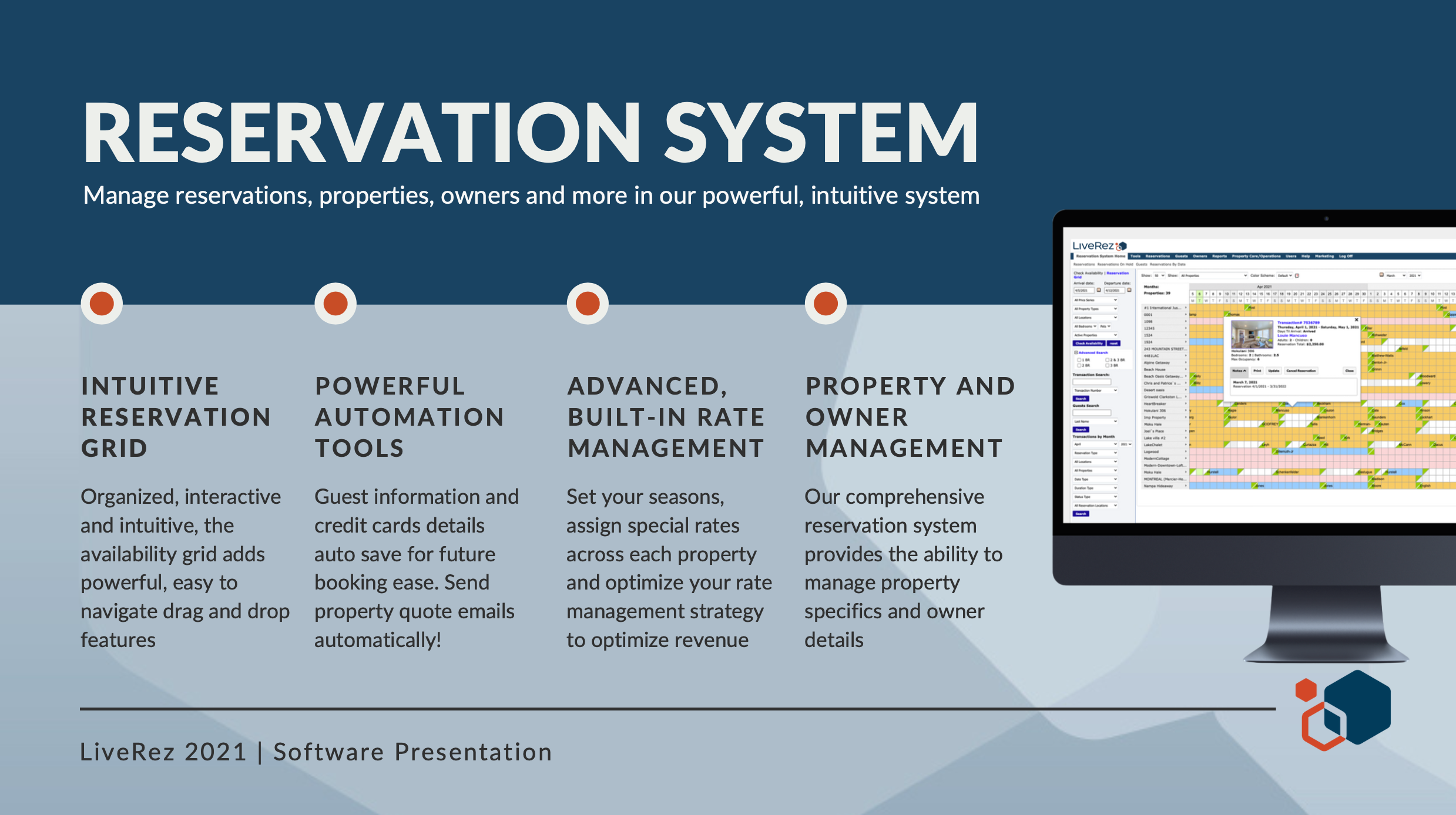 LiveRez Software - The booking platform includes robust reporting, instant quotes, built in CRM for lead tracking and communication and direct connections to OTA's like VRBO, AirBnb and more. Reservation grid, the owner portals and automated owner statements are a highlight