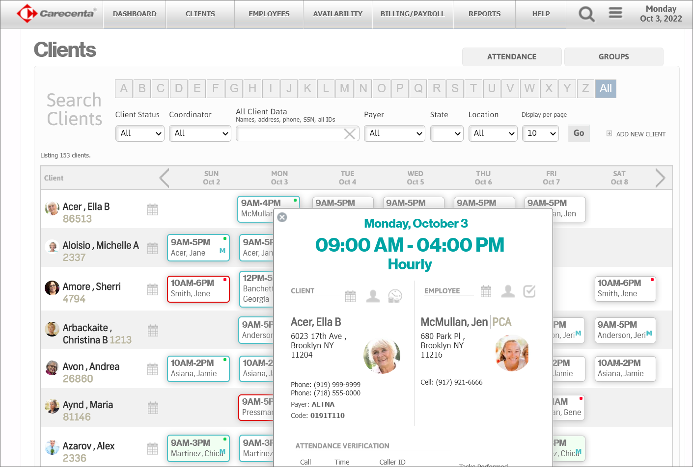 Carecenta Software - Carecenta Clients screen combines client list and weekly schedules, offering advanced search and shortcuts for quick access to key features, all at your fingertips.