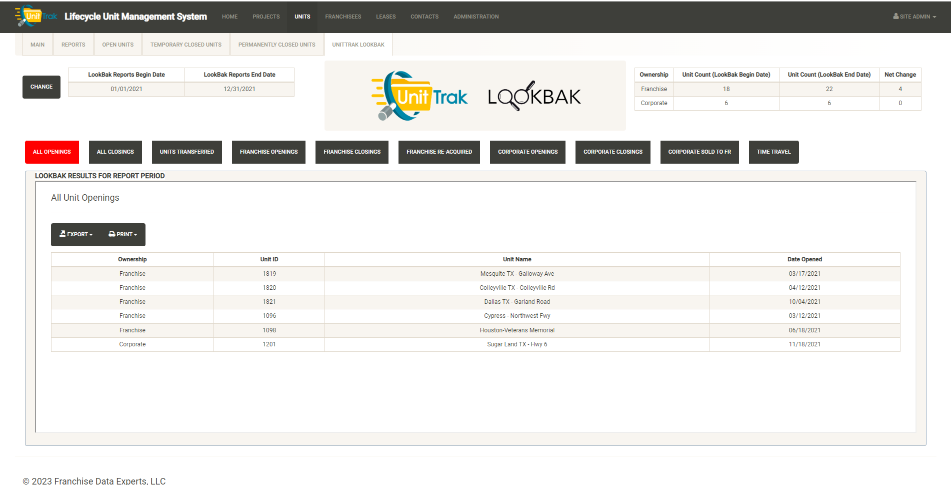 UnitTrak LookBak makes historical research and reporting simple. Choose a custom reporting period and quickly view the number of openings, closures and transfers with key details. LookBak simplifies compliance reporting including FDD reporting.