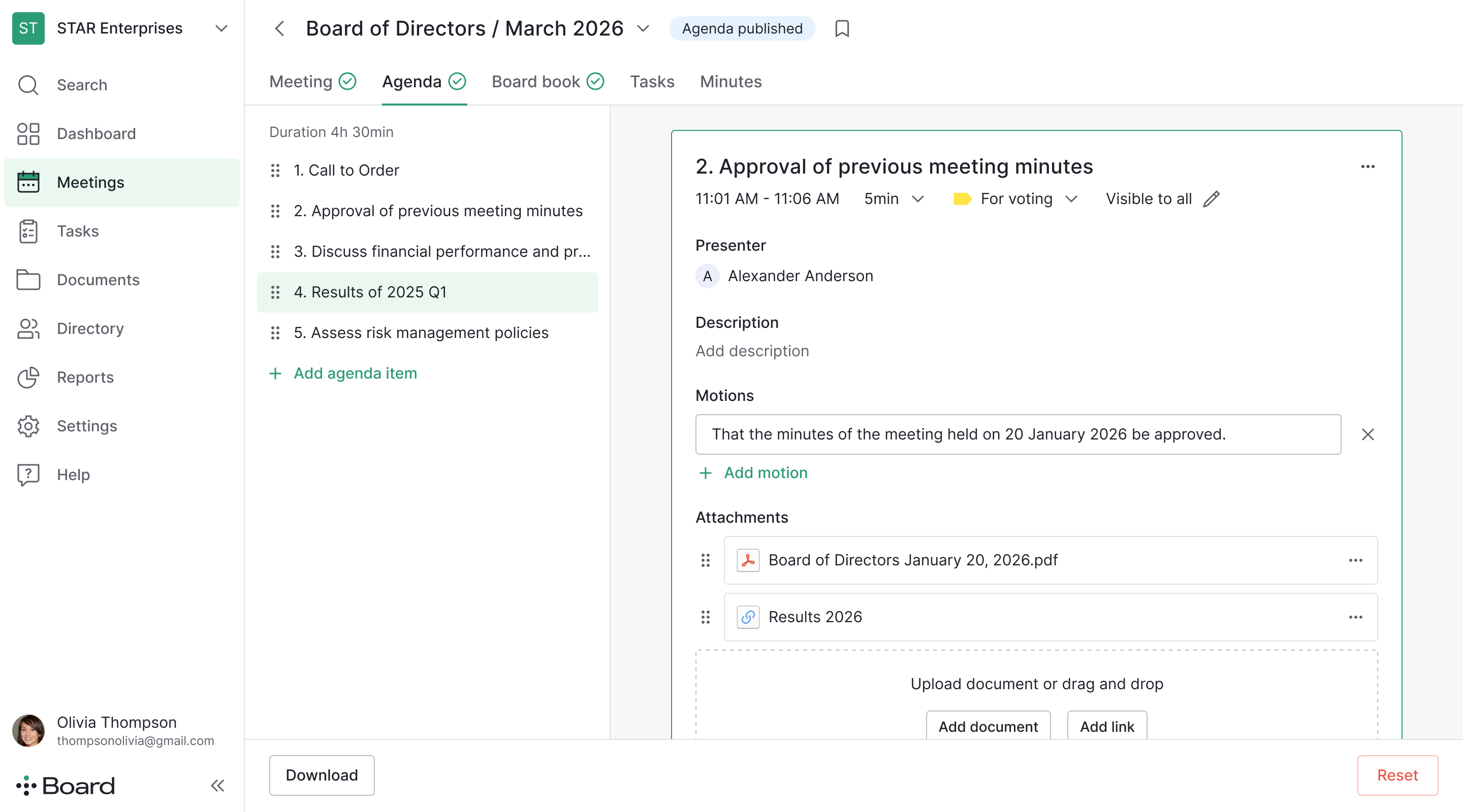 Ideals Board screenshot: Agenda Builder - Build structured, collaborative meeting agendas with clear ownership, timings, and supporting materials – fully aligned with minutes and follow-ups.