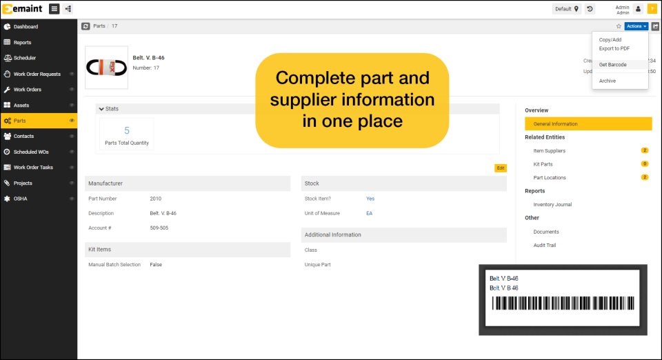 eMaint CMMS Software - Parts and Supplies