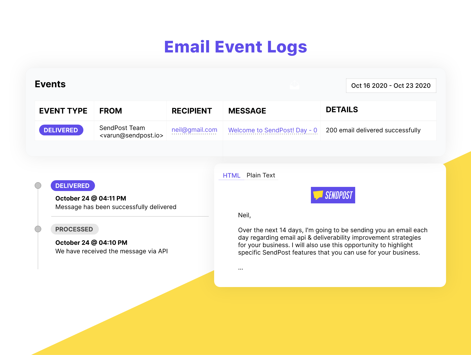 SendPost email events log screen