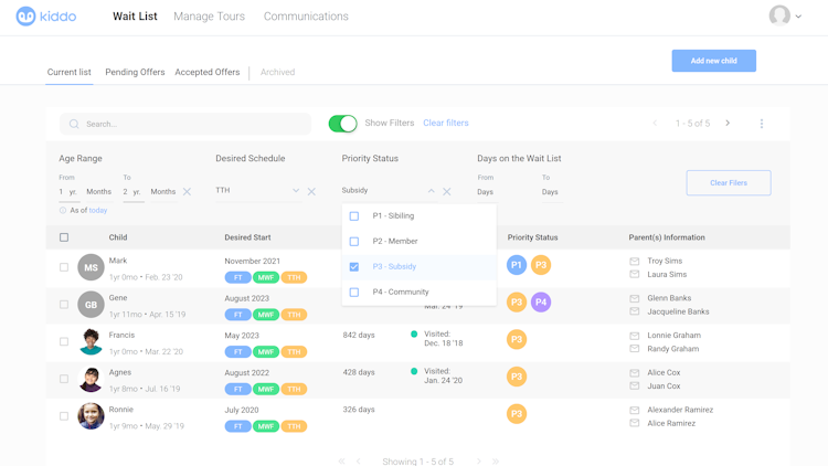 Kiddo screenshot: Filter your wait list based on customer priorities, schedule preference, and other key criteria