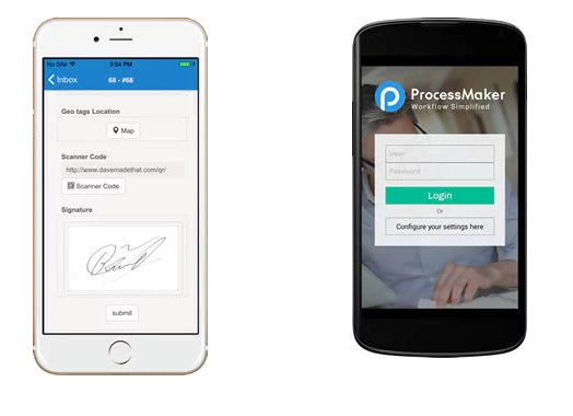 The companion ProcessMaker mobile app for iOS and Android is used in conjunction with ProcessMaker 3.X environments and includes mobile-specific form fields such as finger signature capture