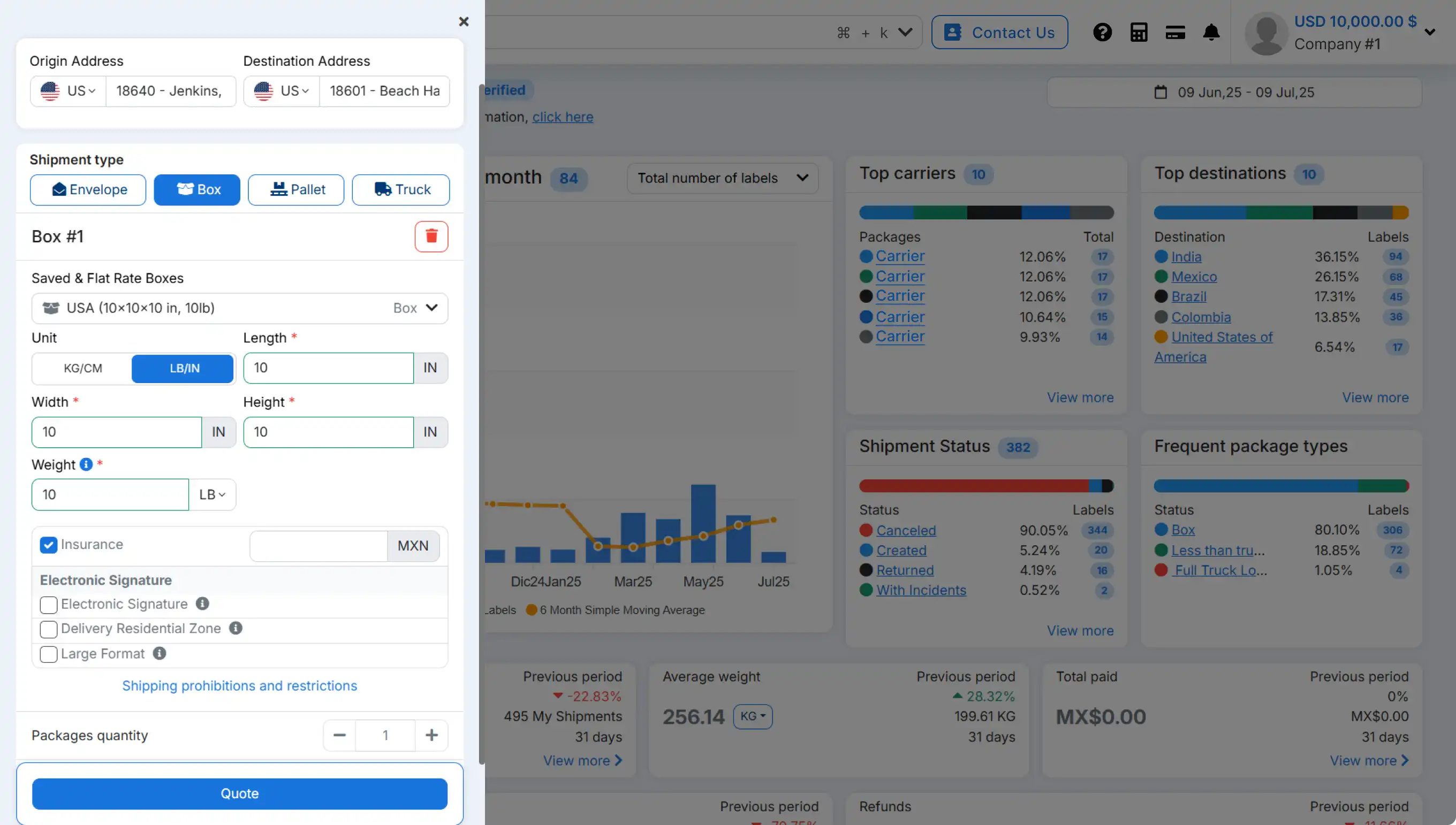 Envia screenshot: Envia quote generation