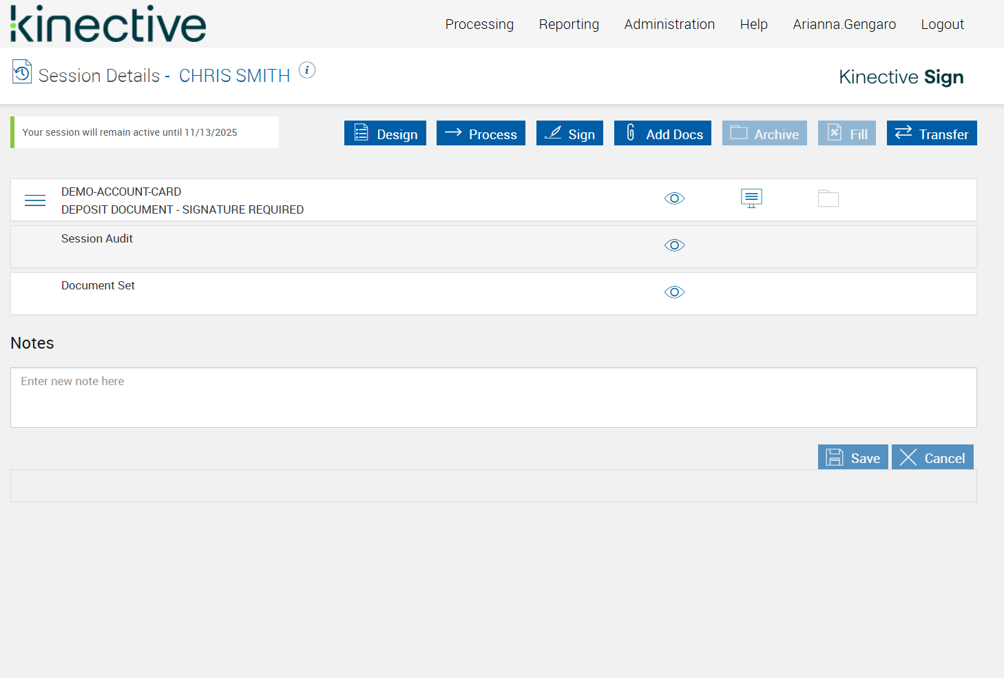 Kinective Sign screenshot: Kinective Sign session details
