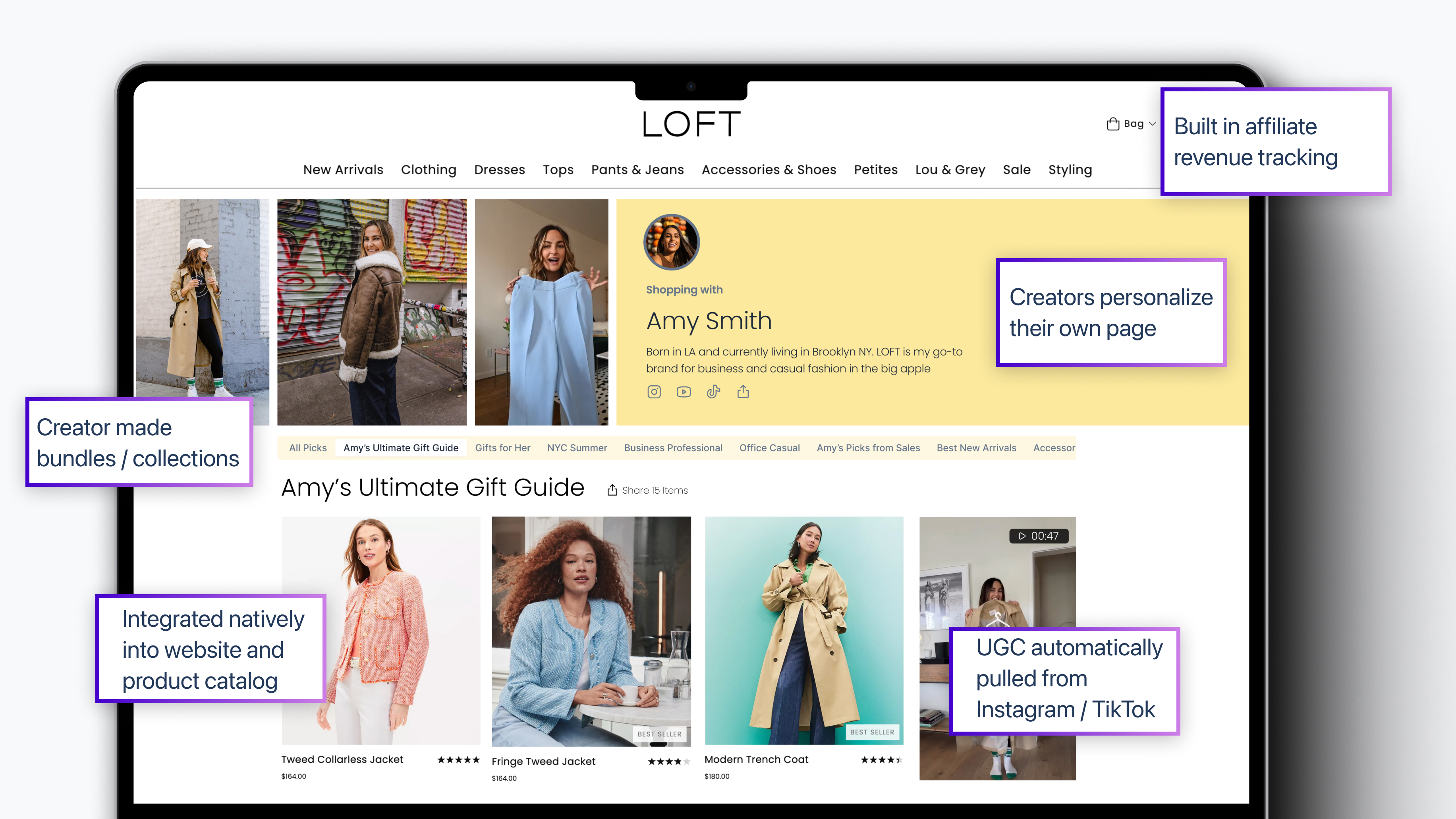 Creator Storefronts allow for:
- Extensive creator personalization
- Creator made bundles / collections
- Native integration into website and product catalog
- Automatically render UGC from Instagram / TikTok
- Revenue tracking and commission payouts