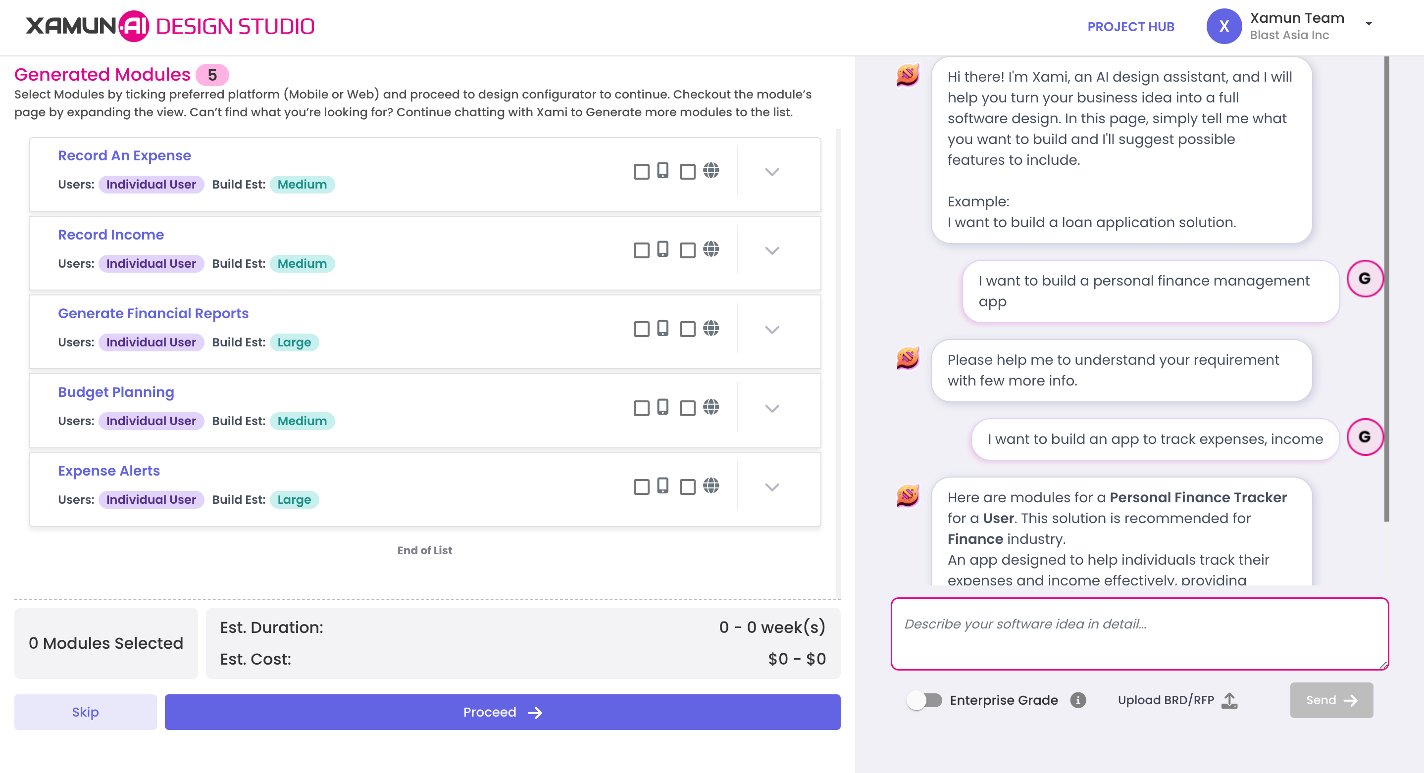 Xamun screenshot: Describe your software idea in plain English to Xami, our Orchestrator AI. Our Scoping Agent will create a high-level scope with module and page descriptions plus rough price and time estimates for your project.