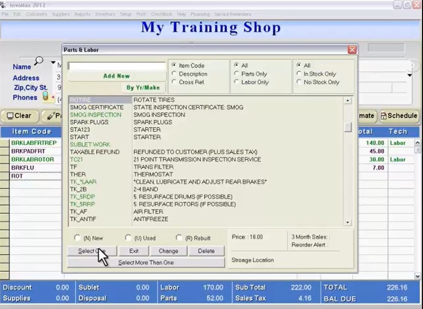 InvoMax Software - InvoMax parts and labor