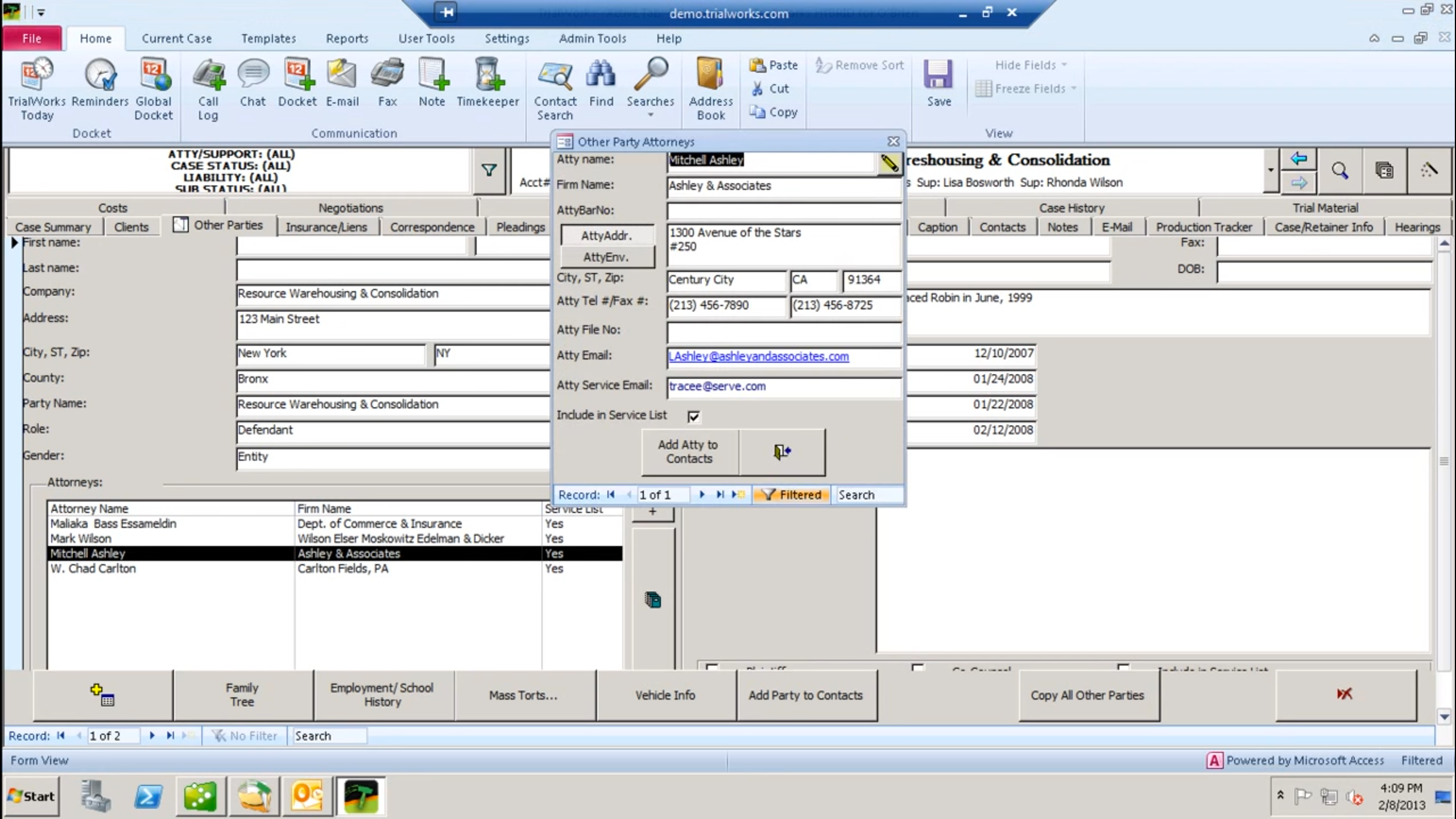 TrialWorks Software - Track contacts pertaining to all other parties, including attorneys on the opposing counsel