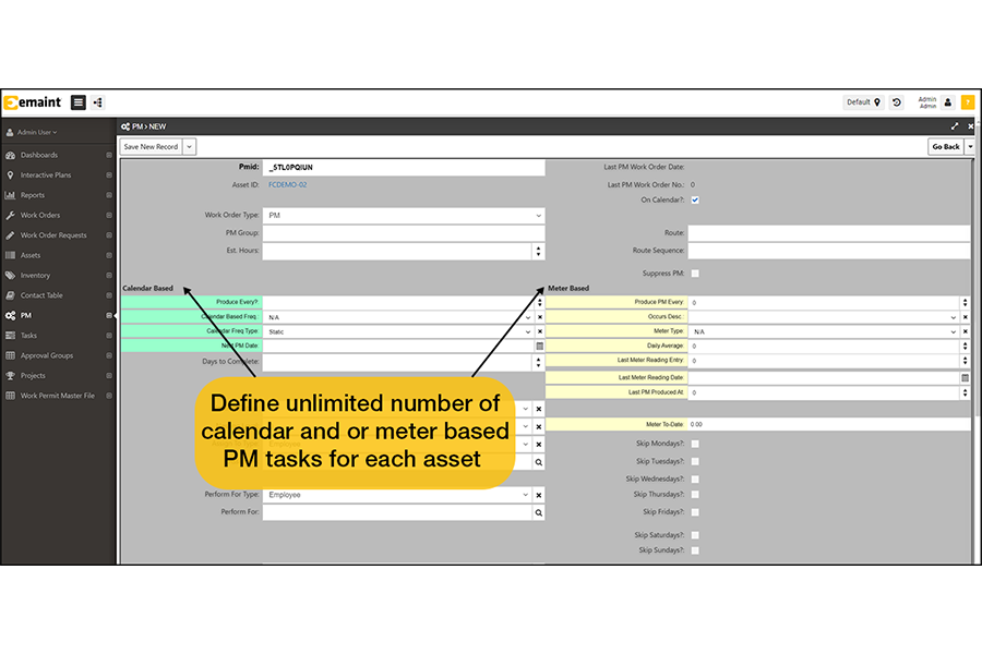 eMaint CMMS Software - Define unlimited number of calendar or meter based PM tasks for each asset.