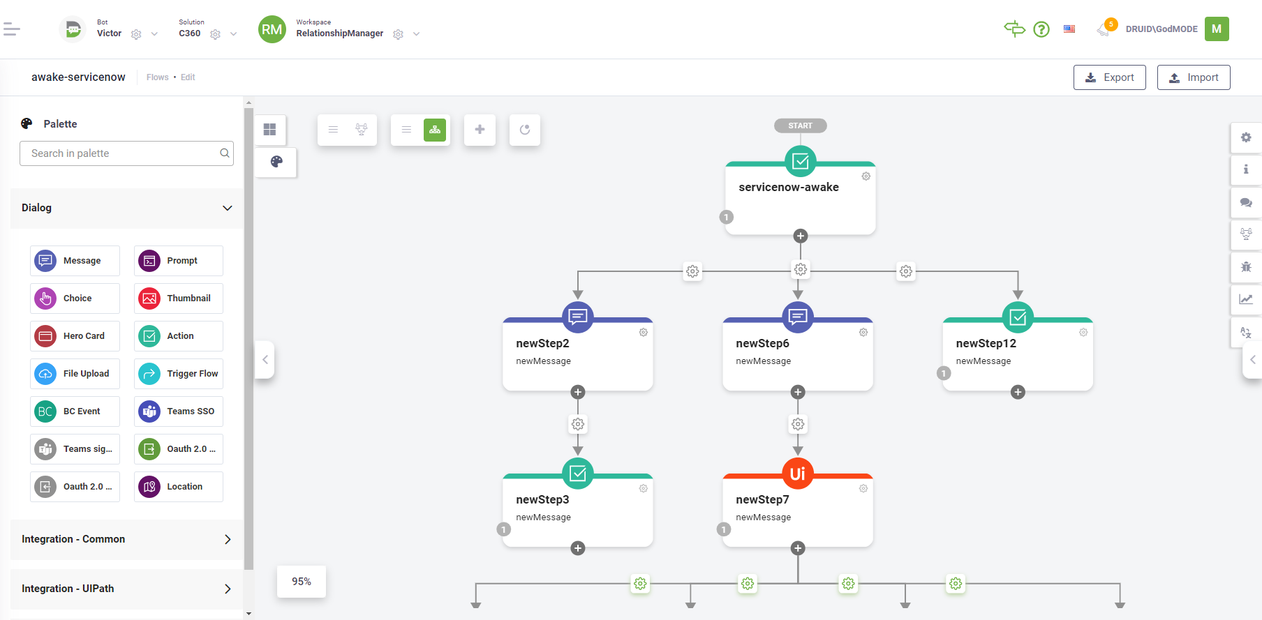 DRUID Software - Visual Conversation Flow Designer. You can graphically author complex dialogs, with prompts, routing conditions, complex conversation turns, incorporate integrations, automations and custom business logic via low code.