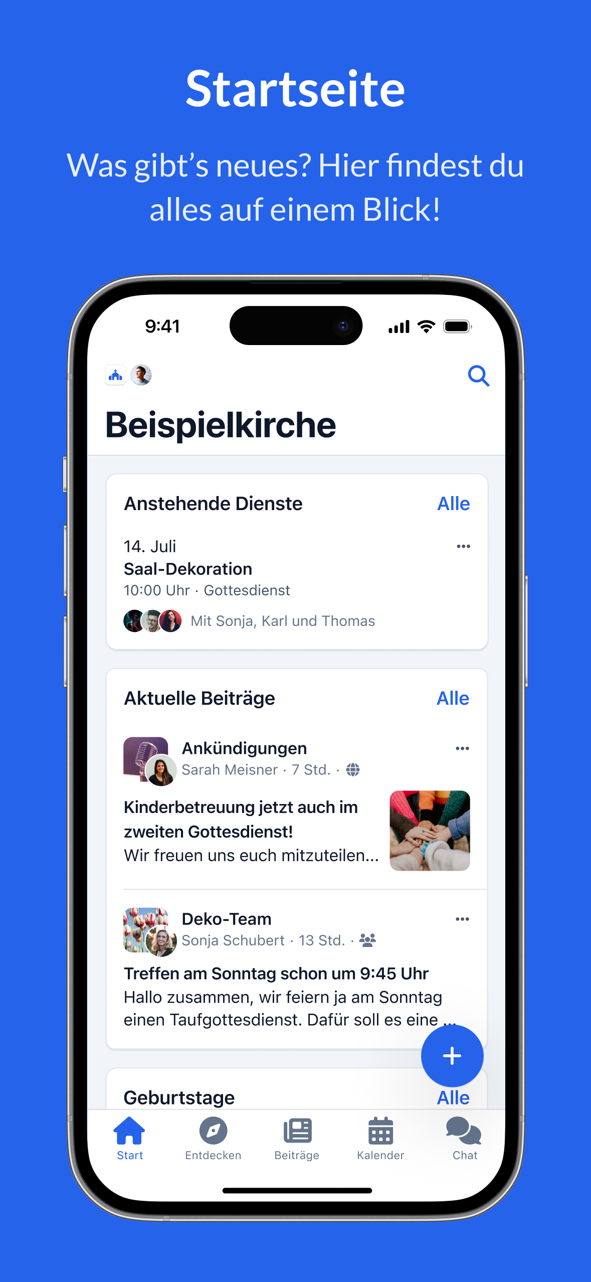 ChurchTools screenshot: Startseite: Was gibt’s neues? Hier findest du alles auf einem Blick!