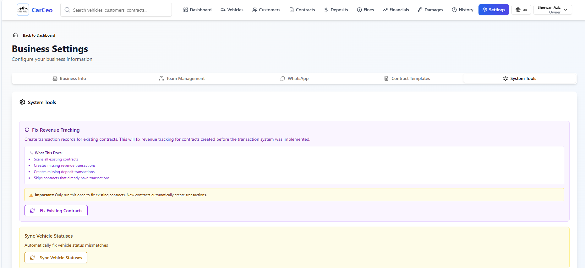 CarCeo Software - CarCeo business settings