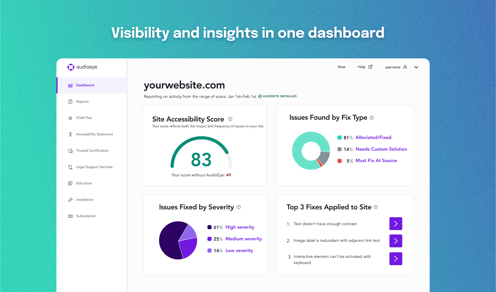 AudioEye screenshot: Visibility and insights all in one dashboard with AudioEye