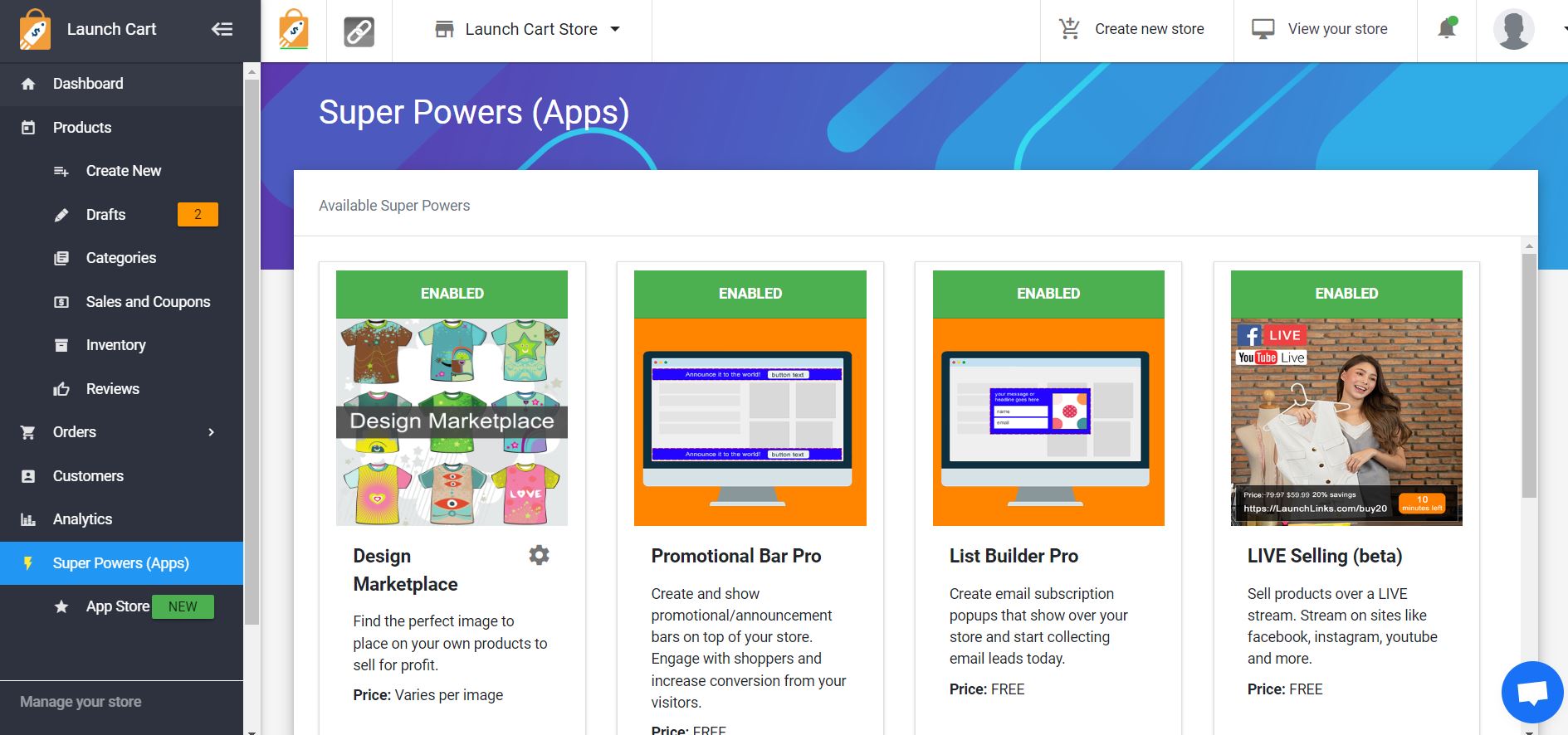 Launch Cart is the only ecommerce platform with advanced super powers built in natively.