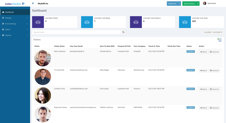 InstaCheckin screenshot: Visitor Logs on dashboard