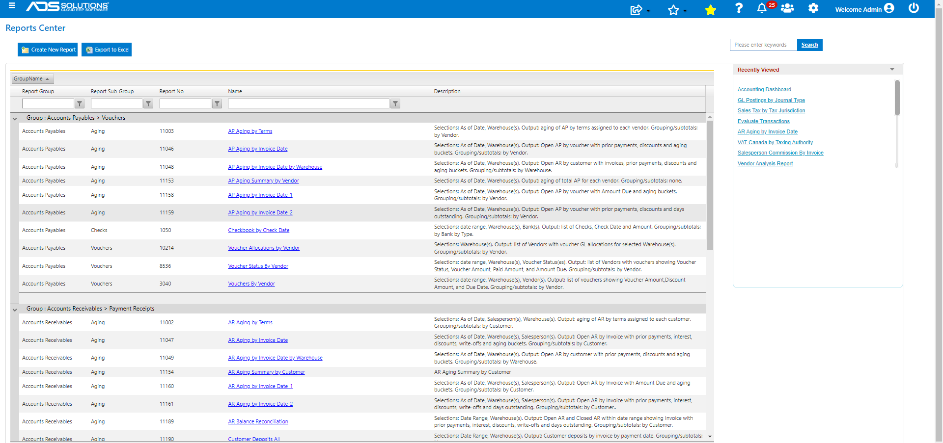 First page of Reports Center showing which includes about 200+ standard reports and many other custom reports