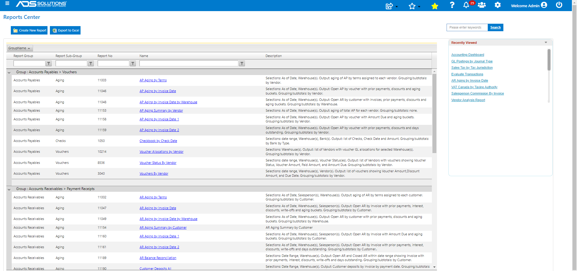 Accolent ERP Software - First page of Reports Center showing which includes about 200+ standard reports and many other custom reports